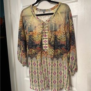 FIGUERO & FLOWER women’s size XL sheer Print Boho blouse top Romantic Lace Inset